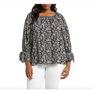 Max Studio Black Floral Peasant Blouse Sz XL Boho Top Tie Sleeve Scoop Neck NWT